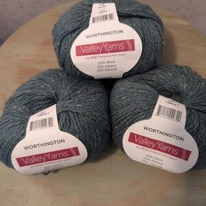 🧶 Valley 3 Skeins Worthington Blue Gray wool alpaca #13914, 50 gms Each NWT